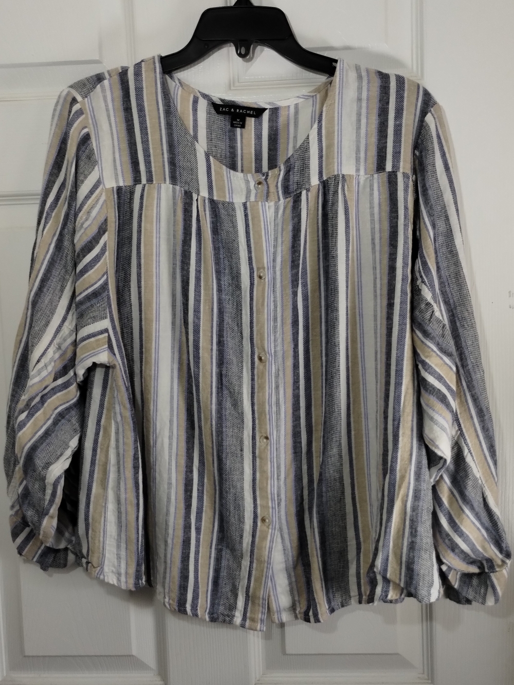 Zac & Rachel Linen Blend Striped Button-Front Peasant Blouse - Blue & Cream